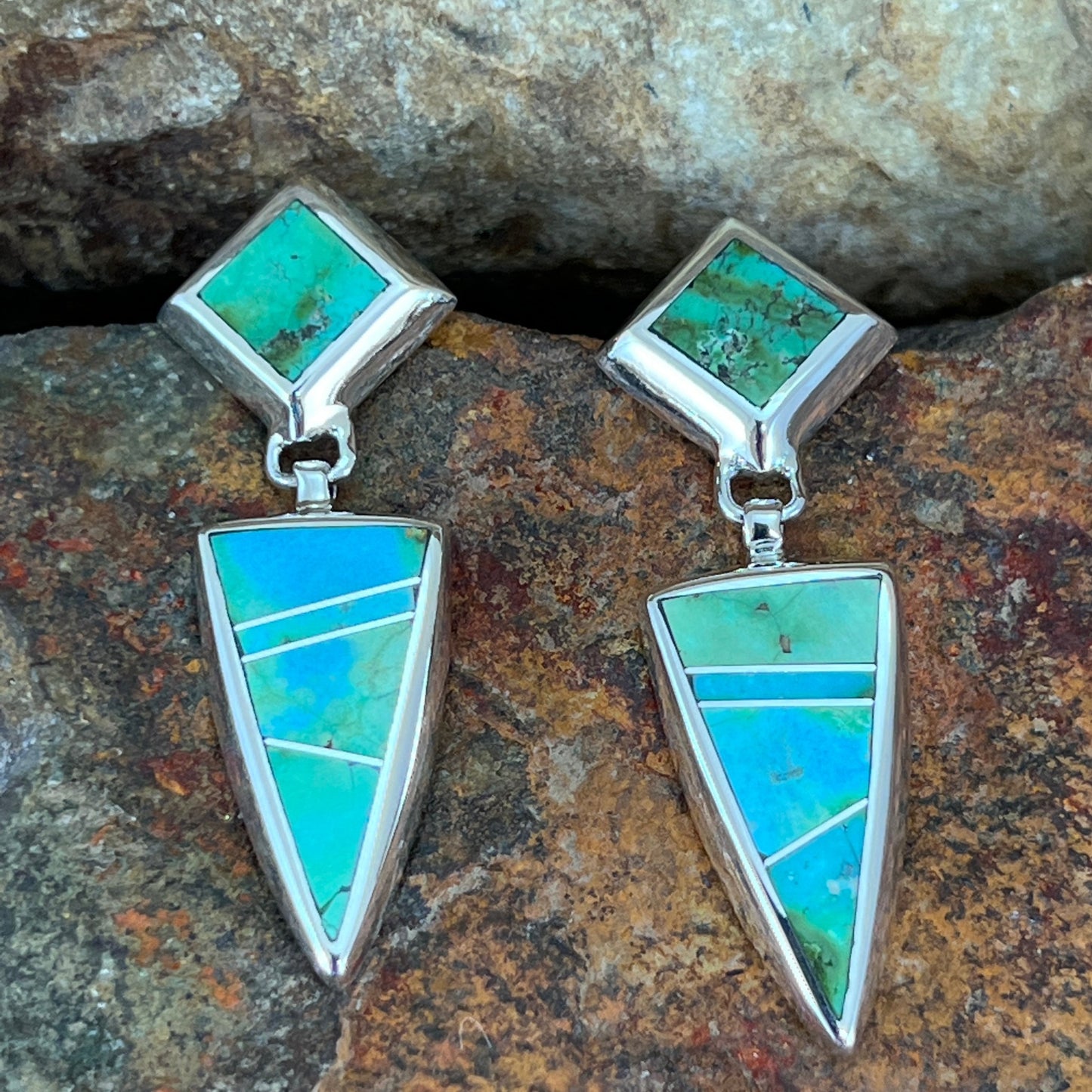 David Rosales Arizona Blue Fancy Inlaid Sterling Silver Earrings