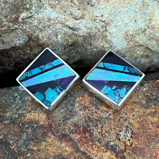 David Rosales Shalako Fancy Inlaid Sterling Silver Earrings