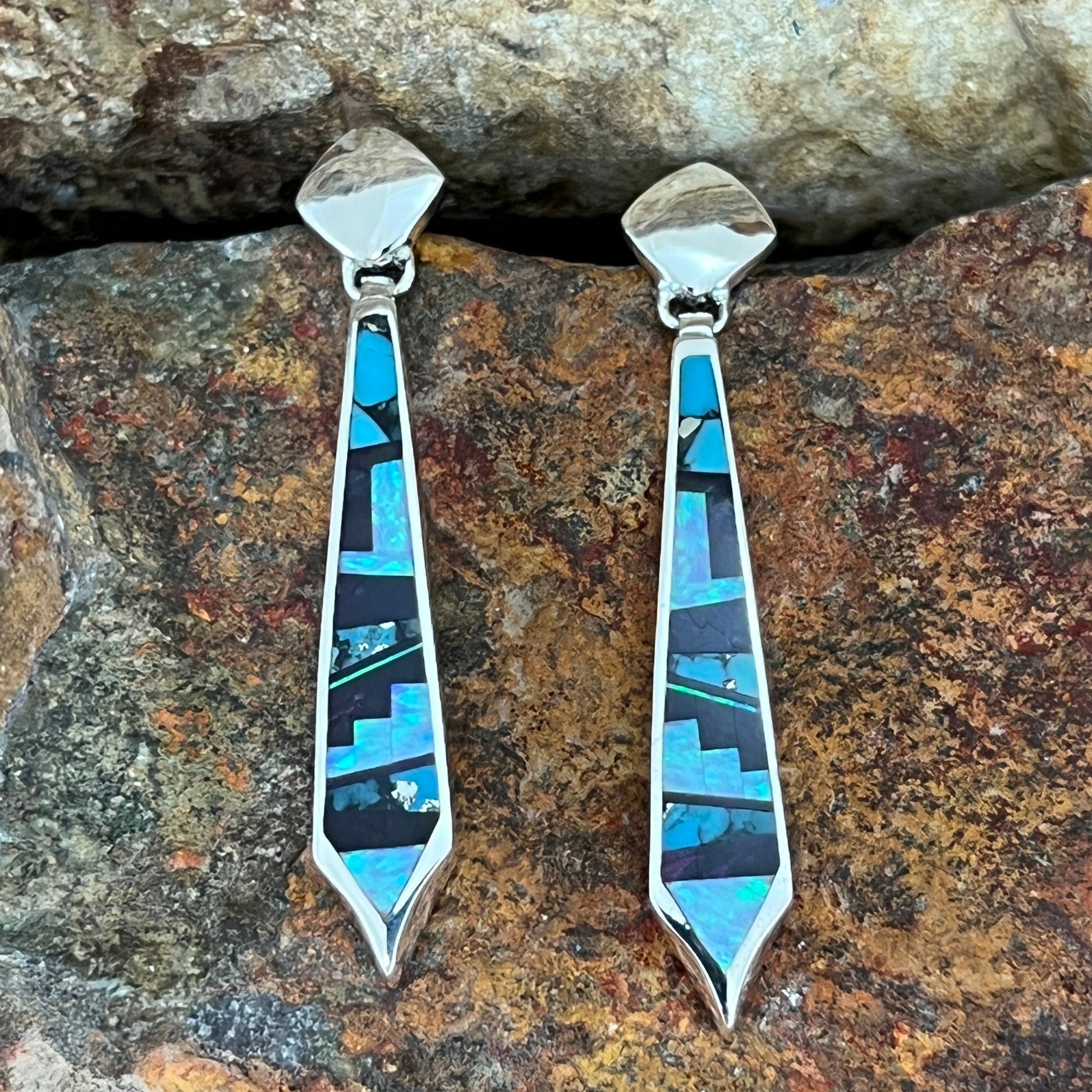 David Rosales Shalako Fancy Inlaid Sterling Silver Earrings