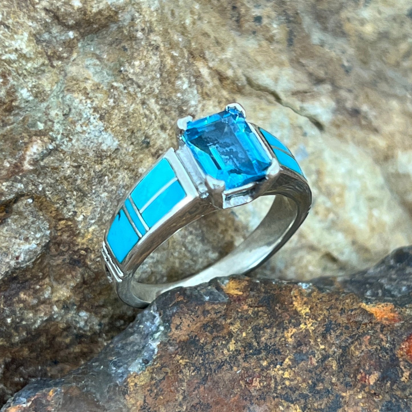 David Rosales Arizona Blue Inlaid Sterling Silver Ring w/ Blue Topaz