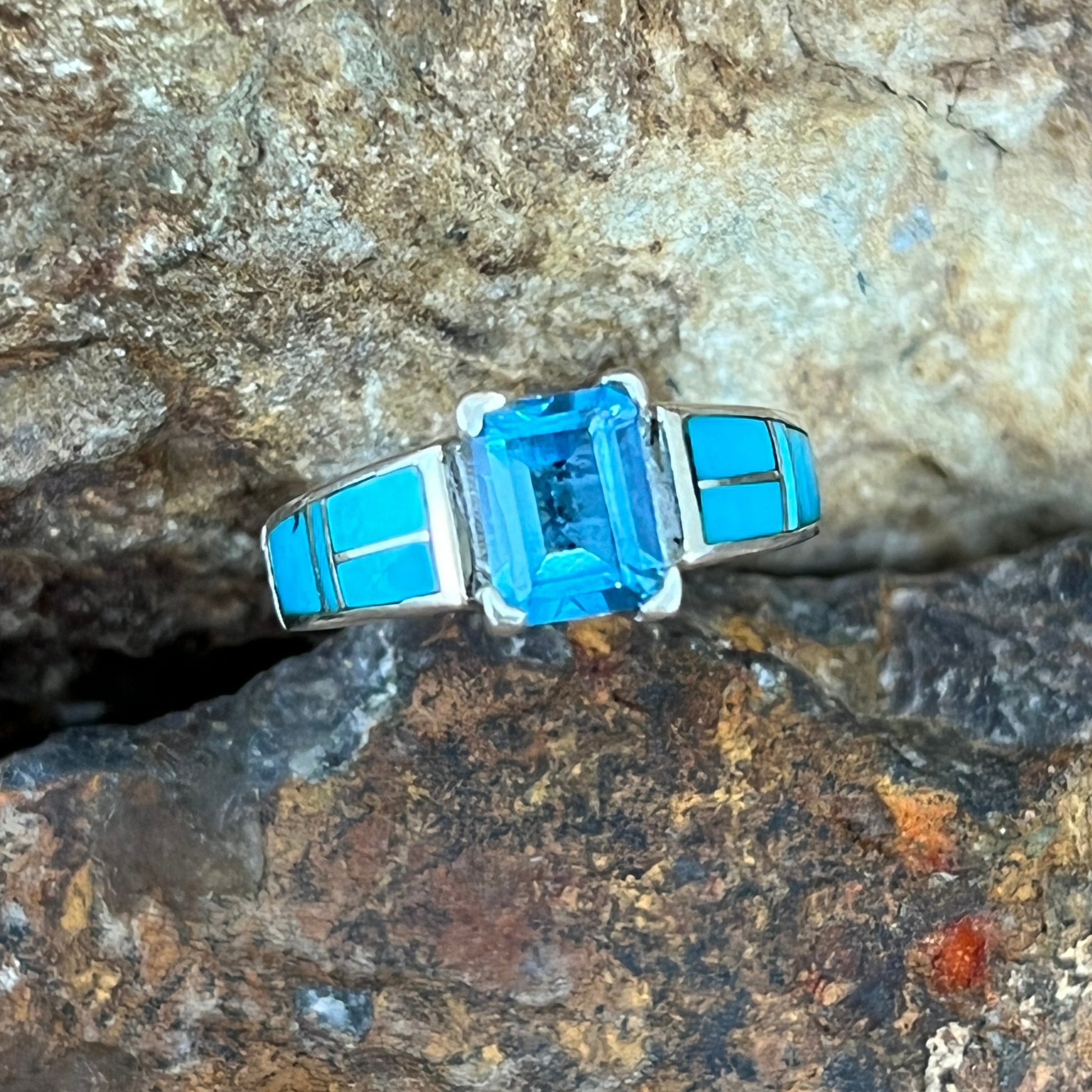 David Rosales Arizona Blue Inlaid Sterling Silver Ring w/ Blue Topaz