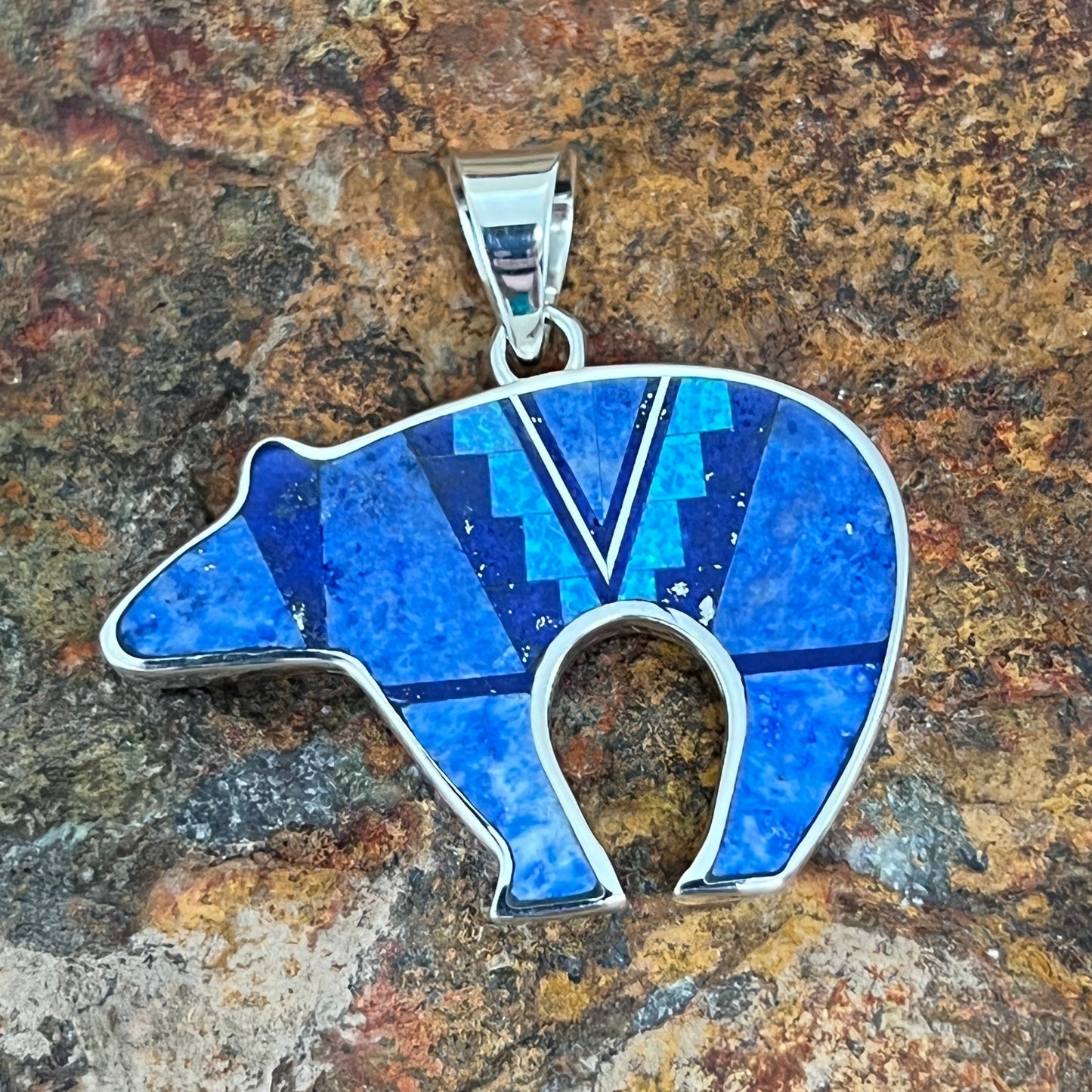 David Rosales Blue Sky Inlaid Sterling Silver Pendant Bear