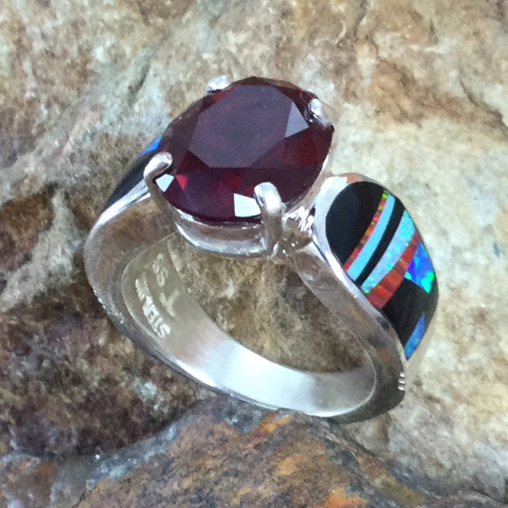 David Rosales Red Moon Inlaid Sterling Silver Ring w/ Red Garnet