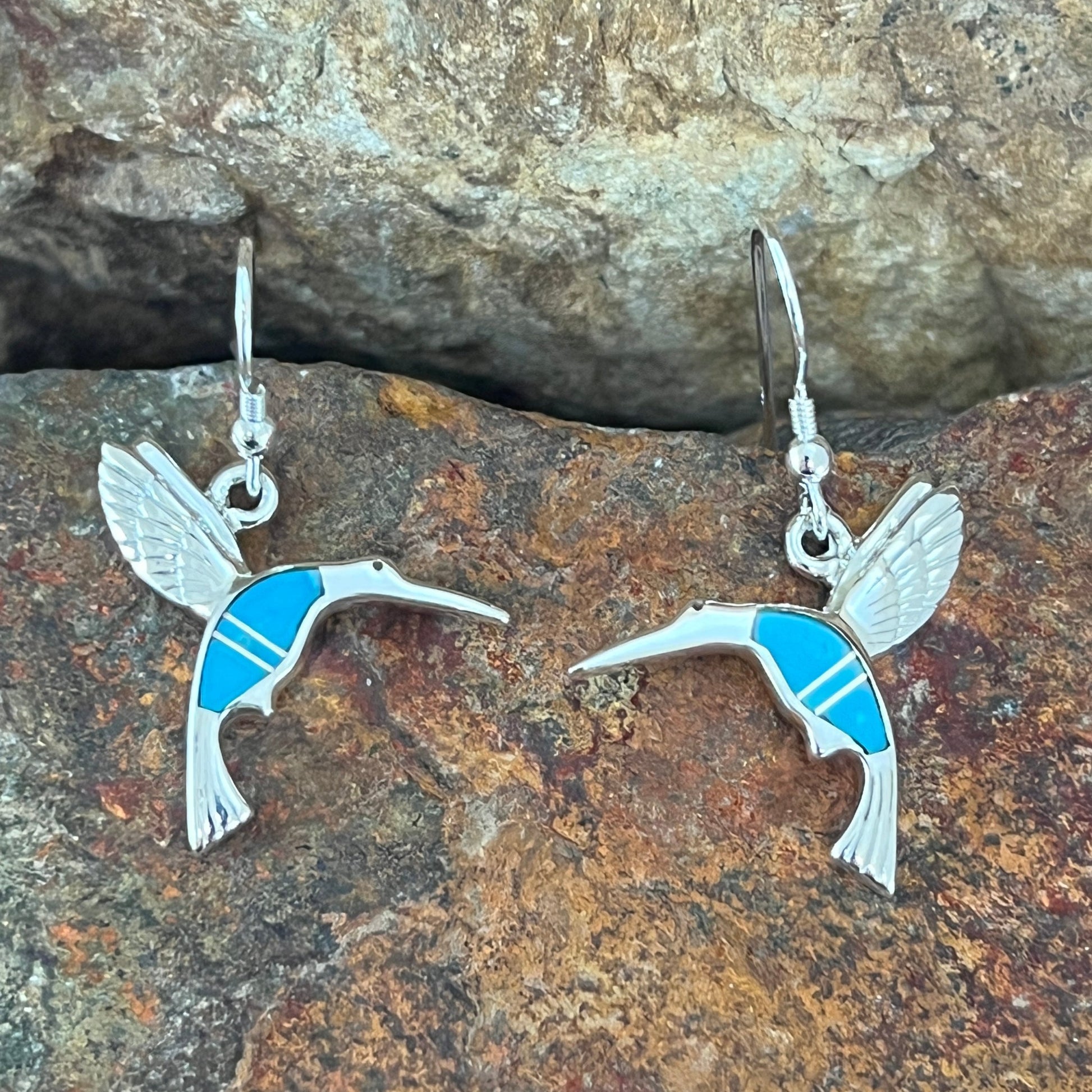 David Rosales Arizona Blue Inlaid Sterling Silver Earrings Hummingbird