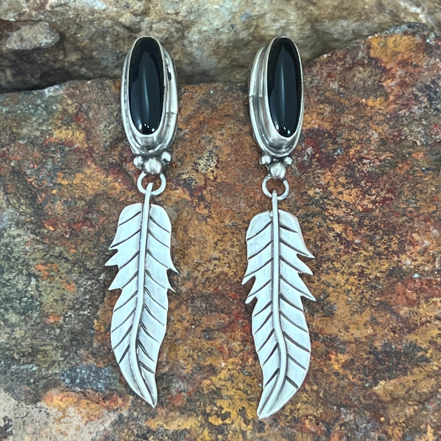 Black Onyx Sterling Silver Earrings Feathers by Mary Tso