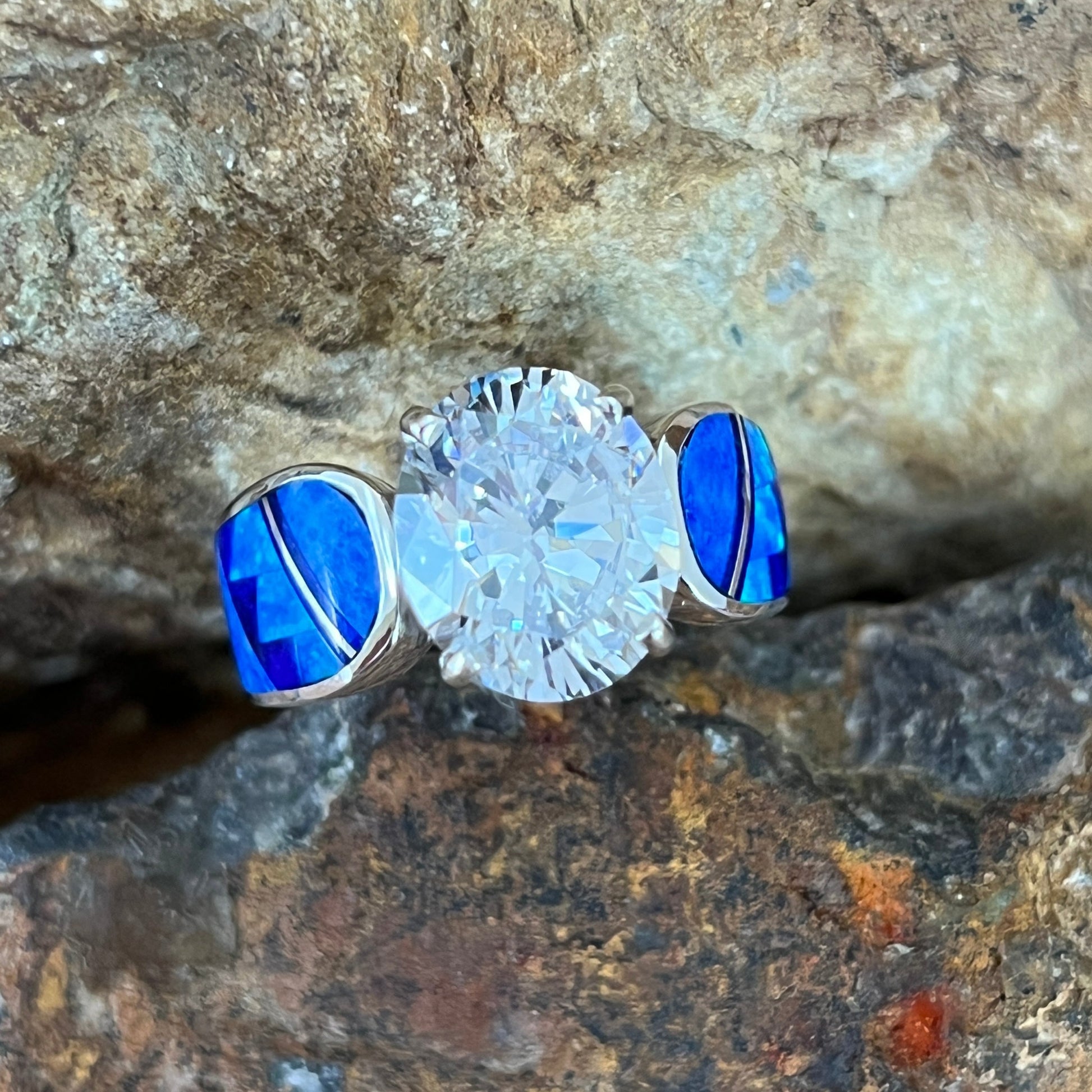 David Rosales Blue Sky Inlaid Sterling Silver Ring w Cubic Zirconia