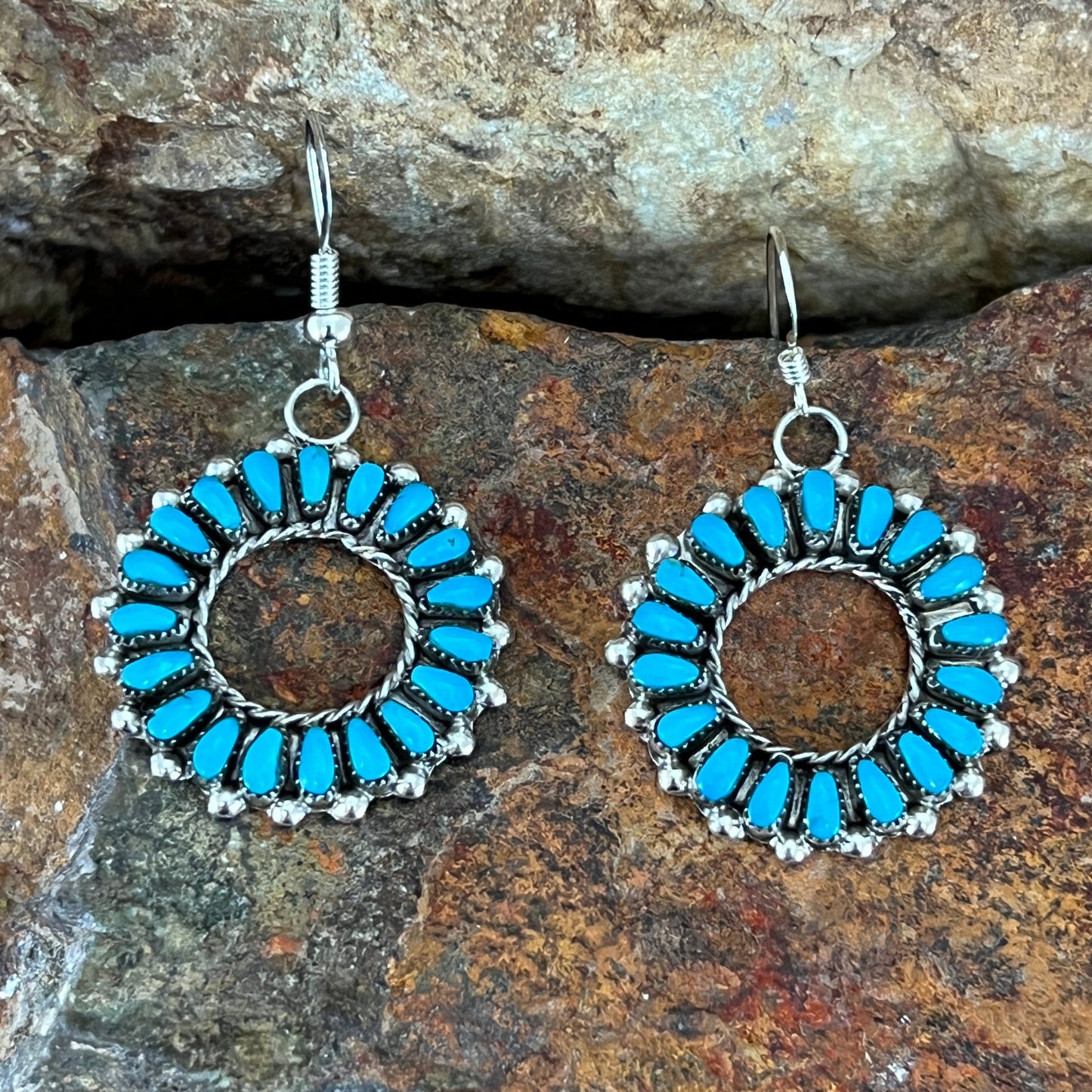 Kingman Turquoise Sterling Silver Earrings Cluster by Milburn Dishta