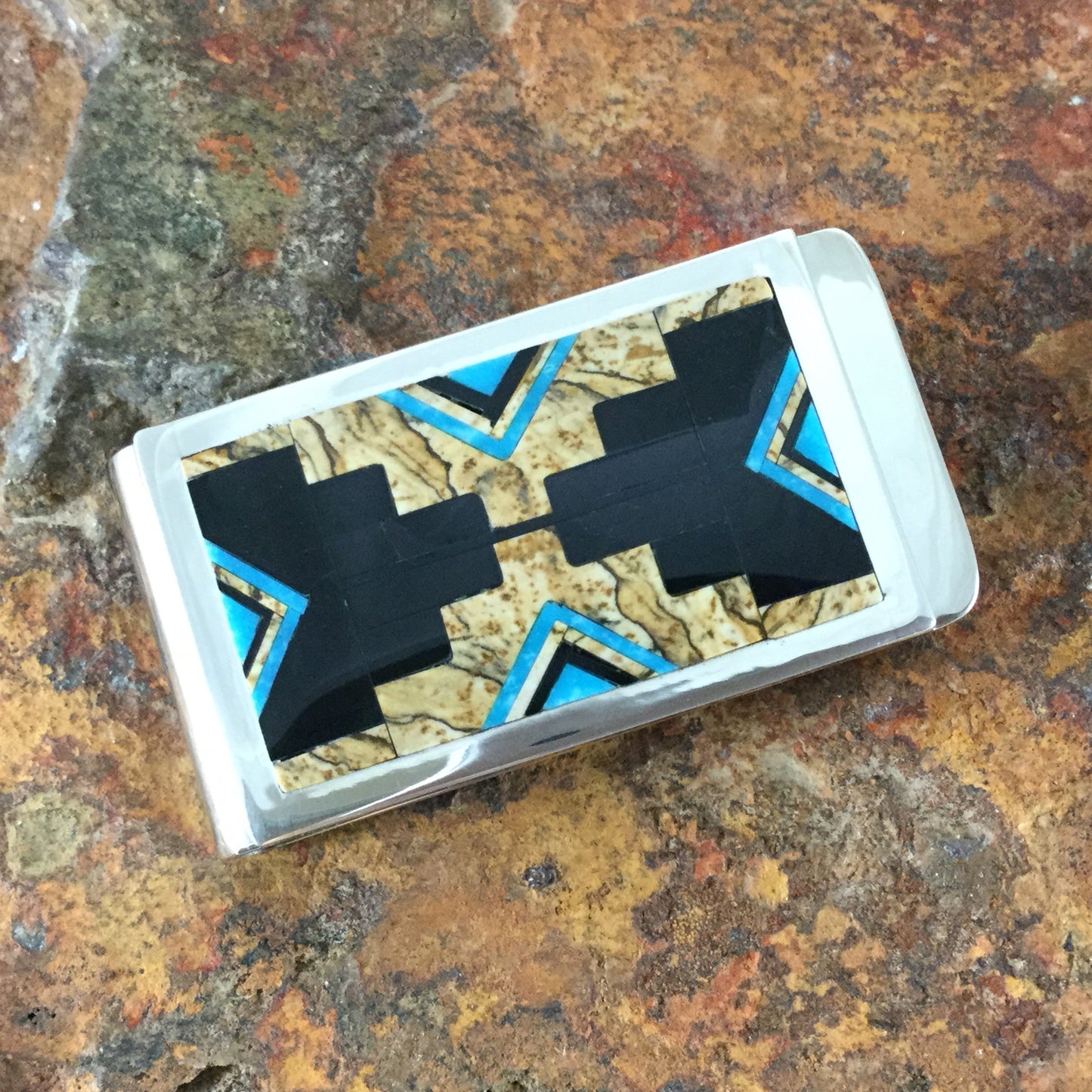 David Rosales Turquoise Creek Fancy Inlaid Sterling Silver Money Clip