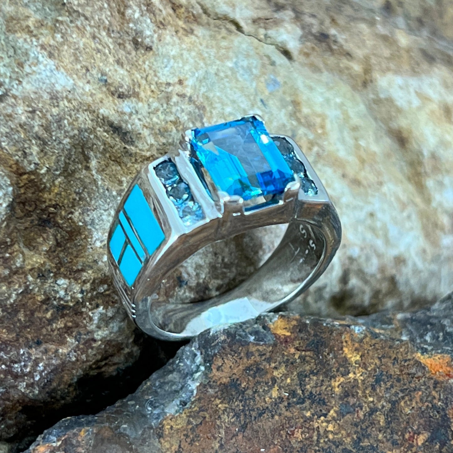 David Rosales Arizona Blue Inlaid Sterling Silver Ring w Blue Topaz