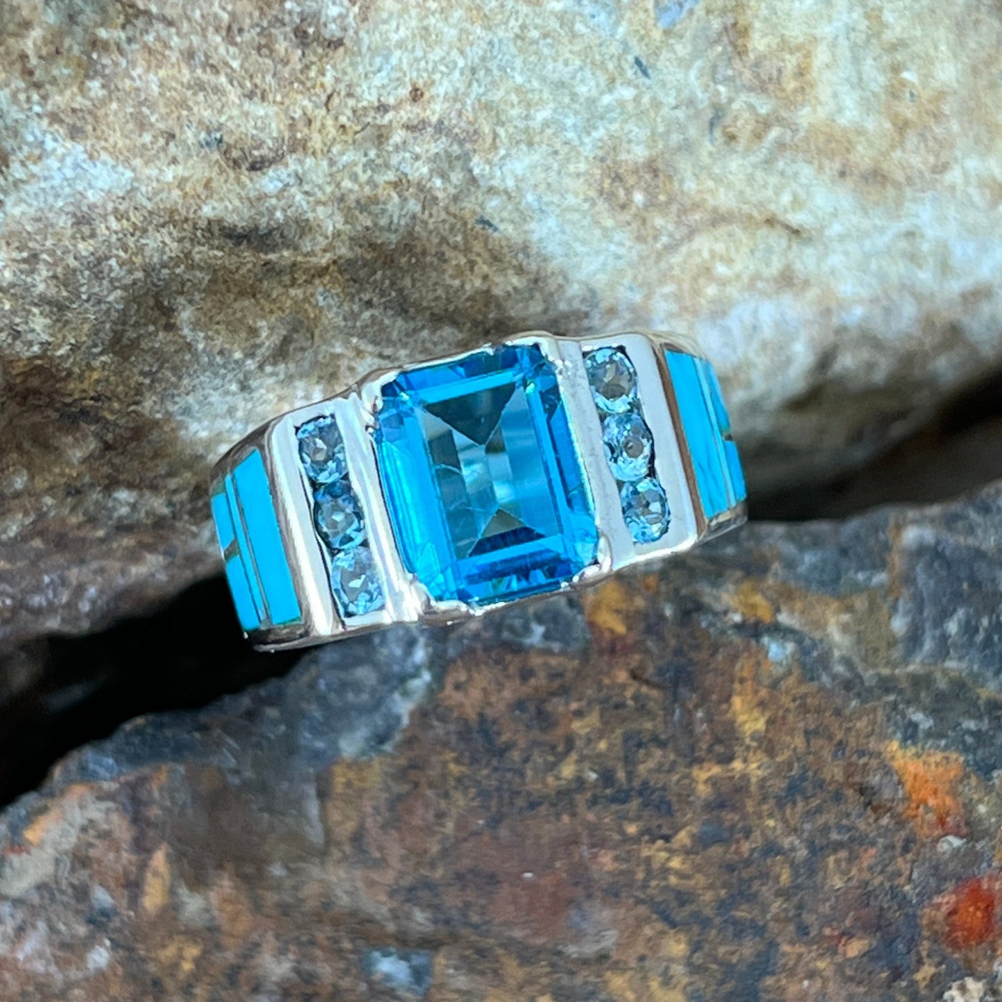 David Rosales Arizona Blue Inlaid Sterling Silver Ring w Blue Topaz