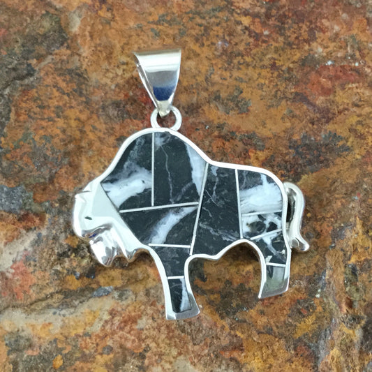 David Rosales White Buffalo Inlaid Sterling Silver Pendant Bison