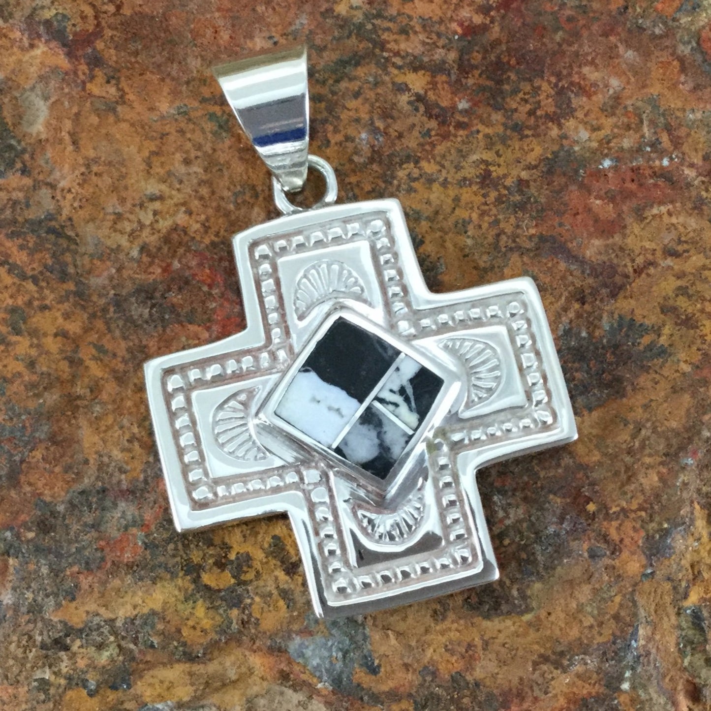 David Rosales White Buffalo Inlaid Sterling Silver Pendant Cross