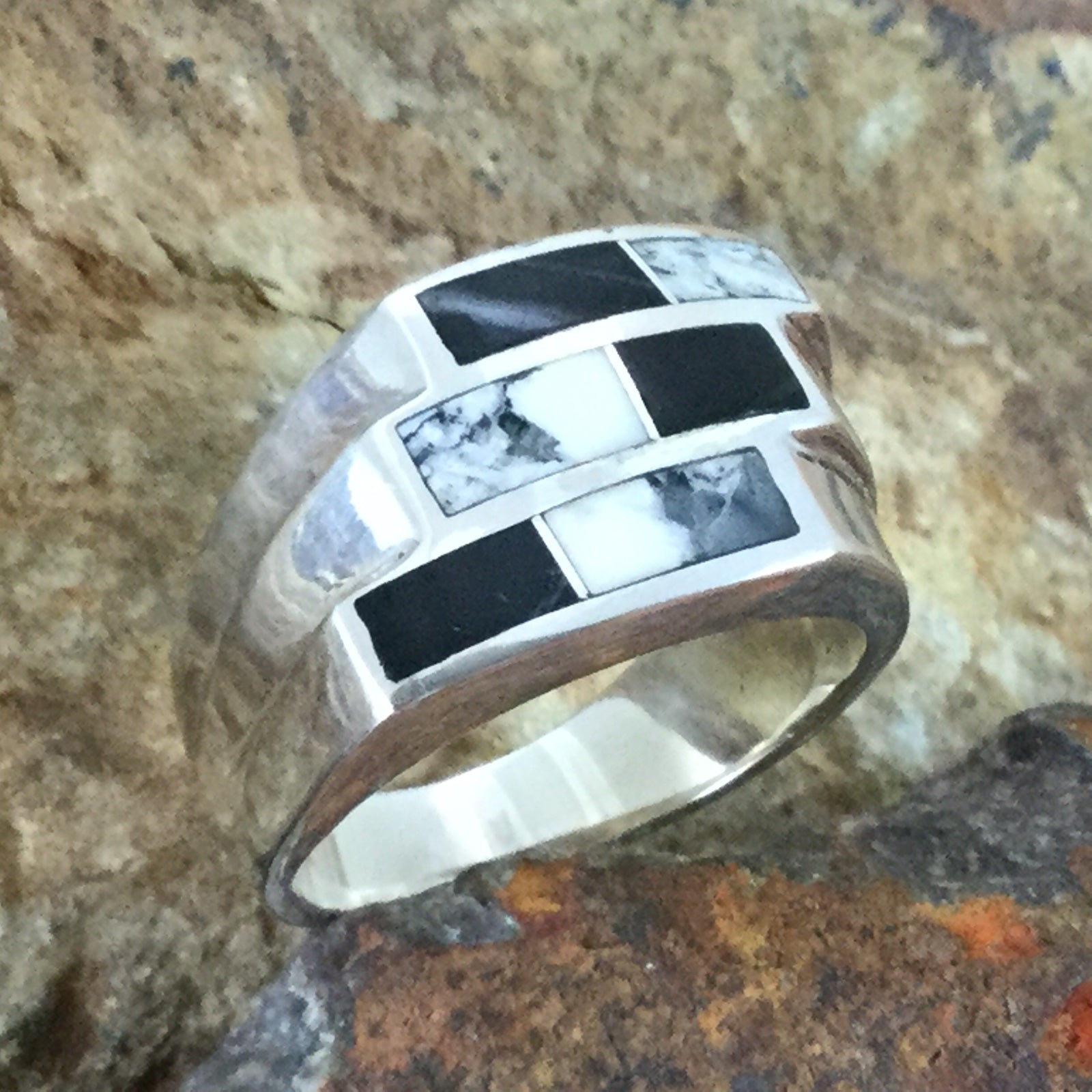 David Rosales White Buffalo Inlaid Sterling Silver Ring