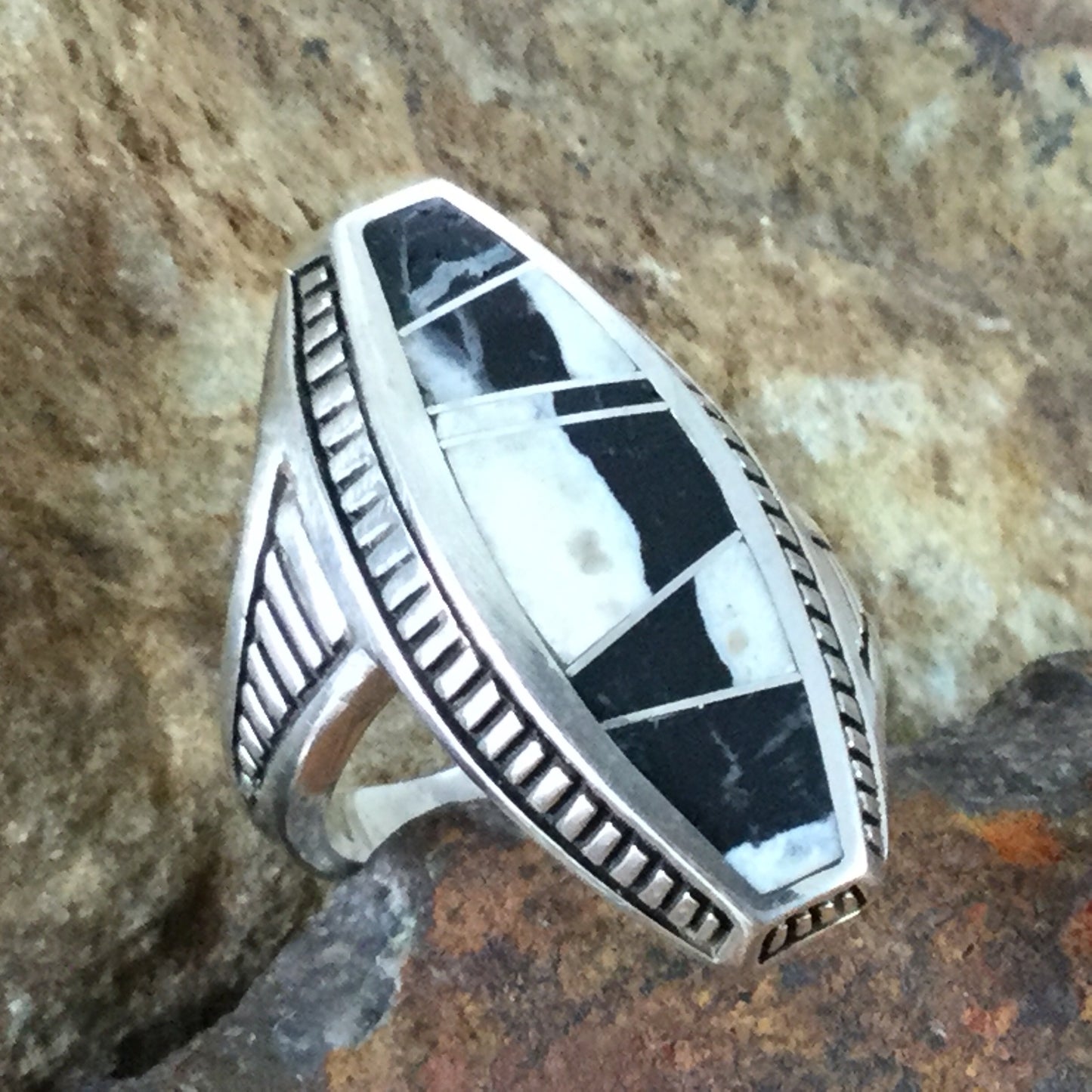 David Rosales White Buffalo Inlaid Sterling Silver Ring