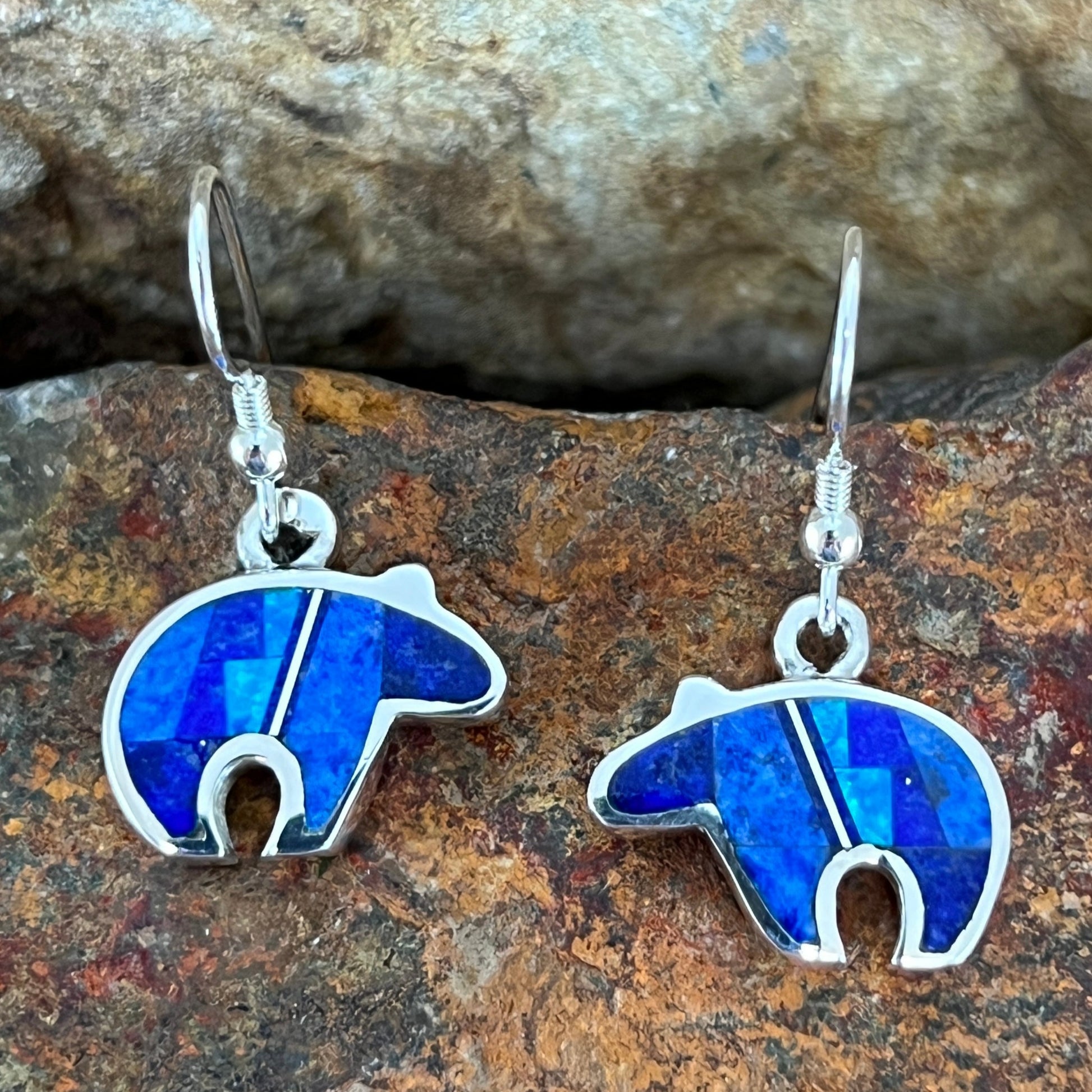 David Rosales Blue Sky Fancy Inlaid Sterling Silver Earrings Bears