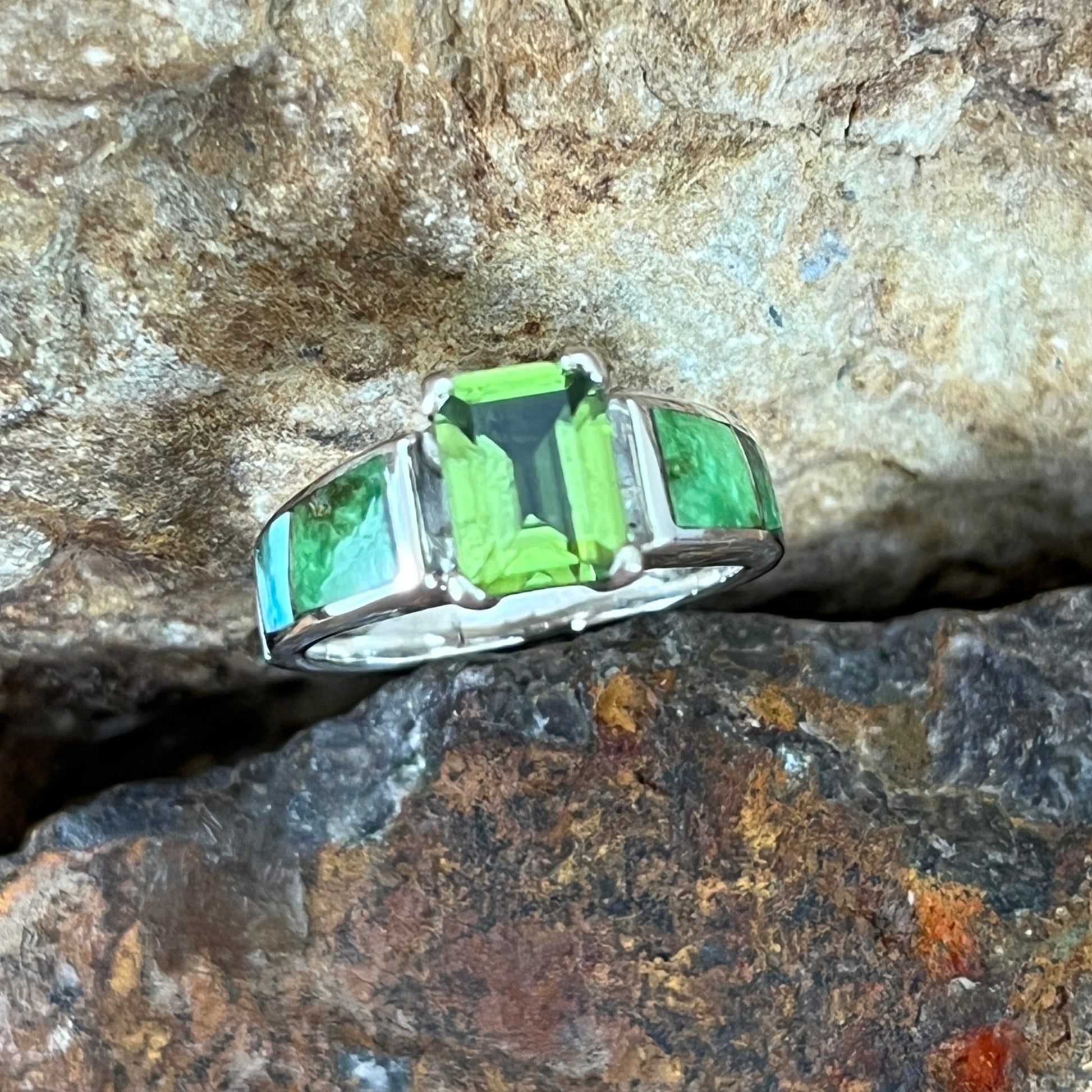 David Rosales Sonoran Gold Inlaid Sterling Silver Ring w/ Peridot