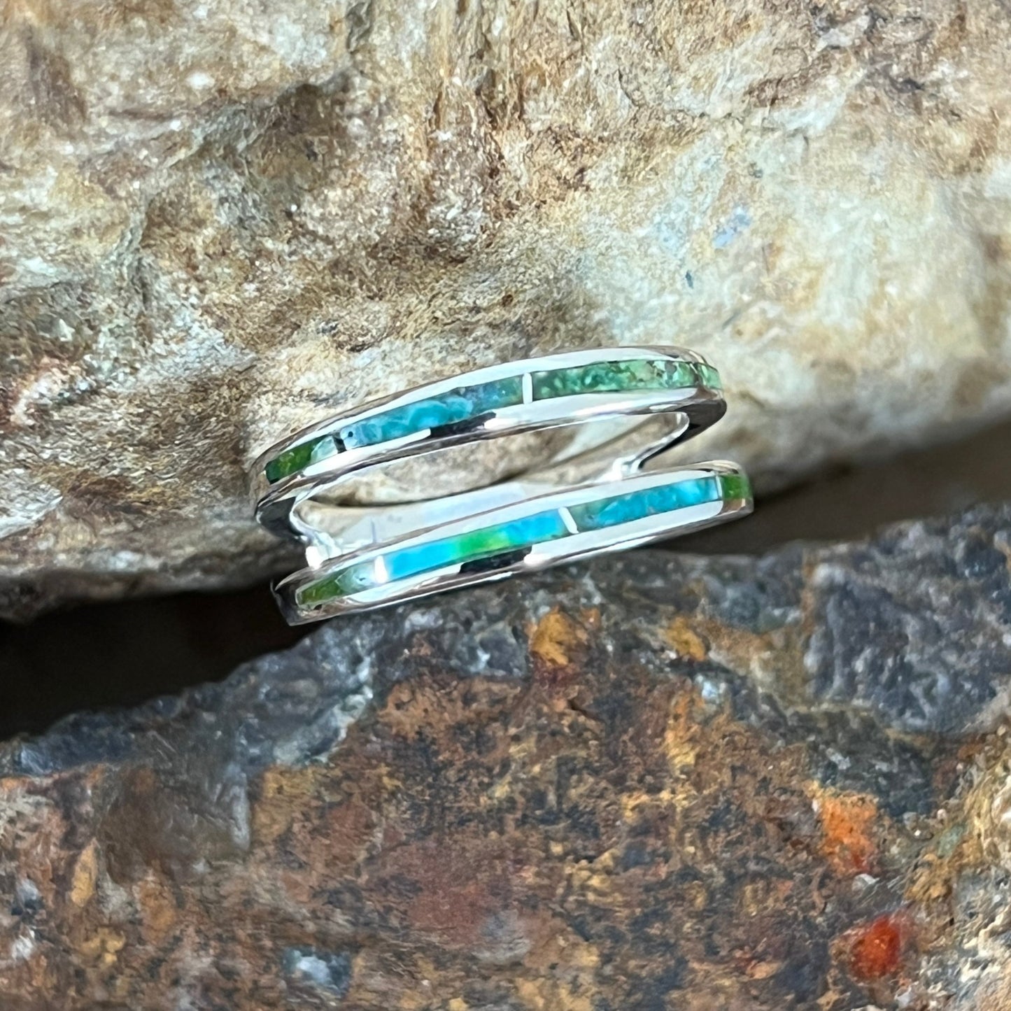 David Rosales Sonoran Gold Turquoise Inlaid Sterling Silver Ring