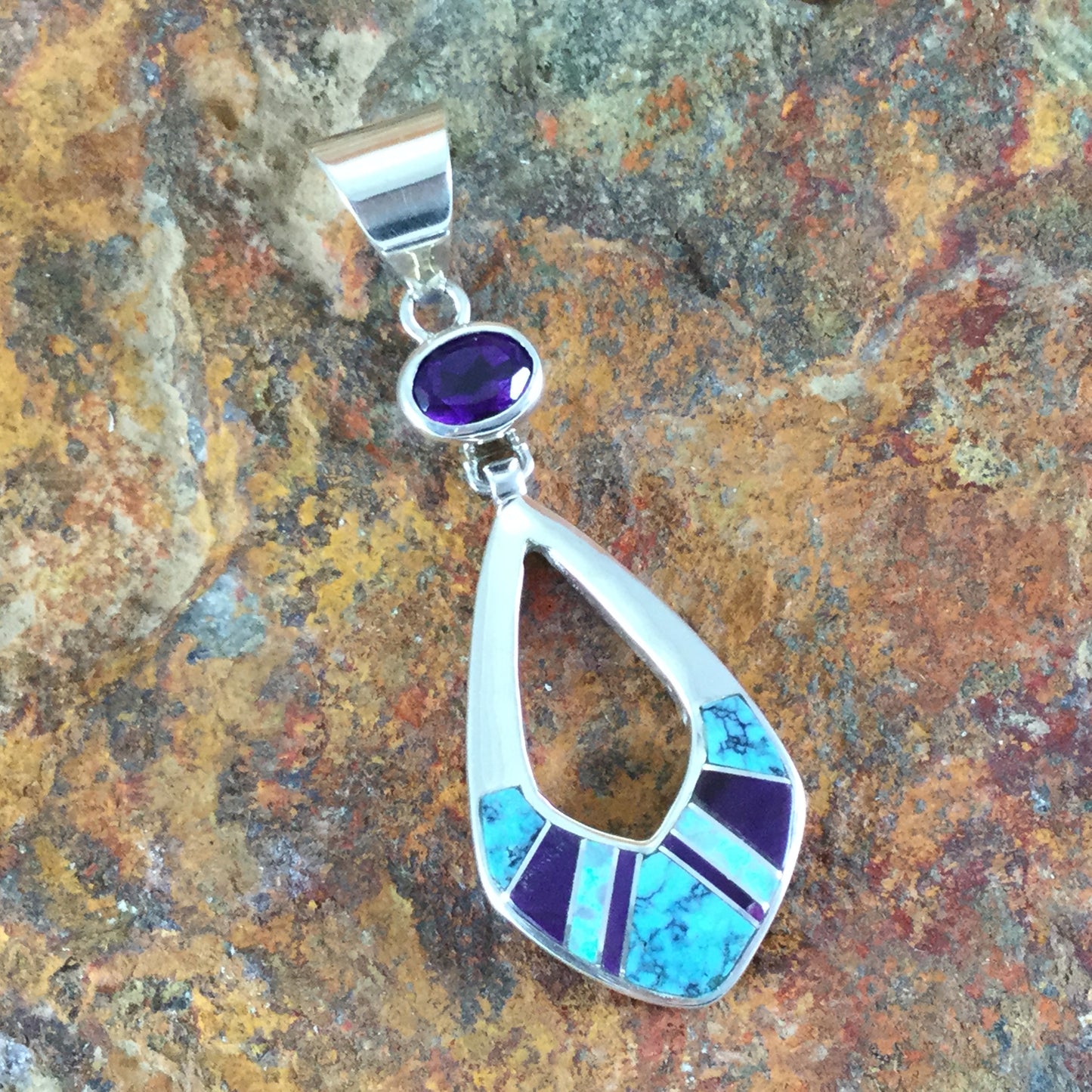 David Rosales Shalako Inlaid Sterling Silver Pendant w Amethyst