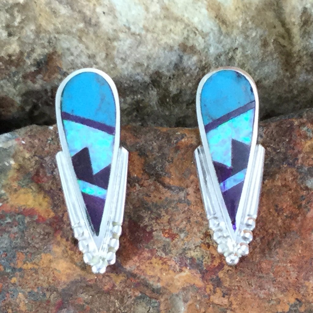 David Rosales Shalako Fancy Inlaid Sterling Silver Earrings