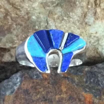 David Rosales Blue Sky Cobble Inlaid Sterling Silver Ring Bear