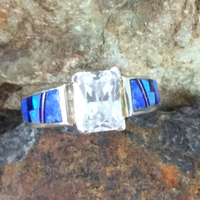 David Rosales Blue Sky Fancy Inlaid Sterling Silver Ring w/ Cubic Zirconia