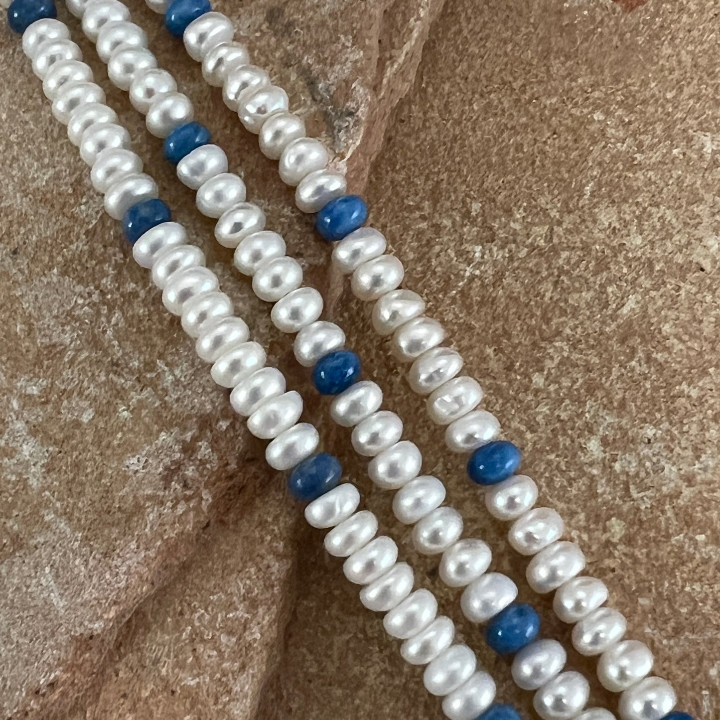 17" - 19" Three Strand Beaded Necklace w/ Pearls & Lapis by Artie Yellowhorse