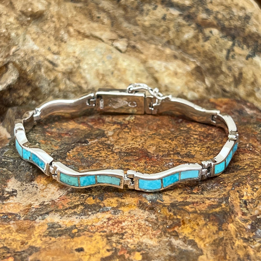 David Rosales Arizona Blue Inlaid Sterling Silver Wavy Link Bracelet