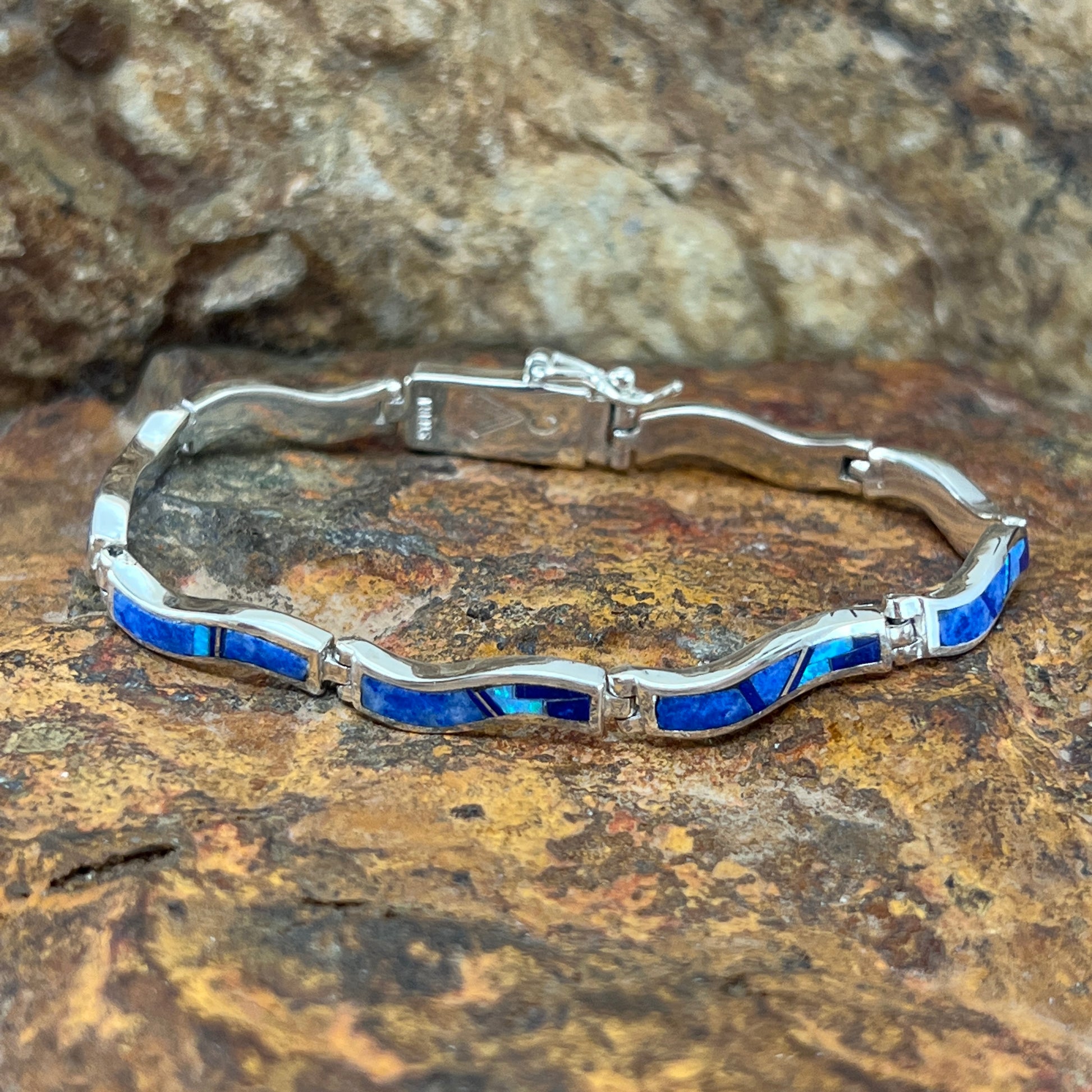 David Rosales Blue Sky Inlaid Sterling Silver Link Bracelet Wavy