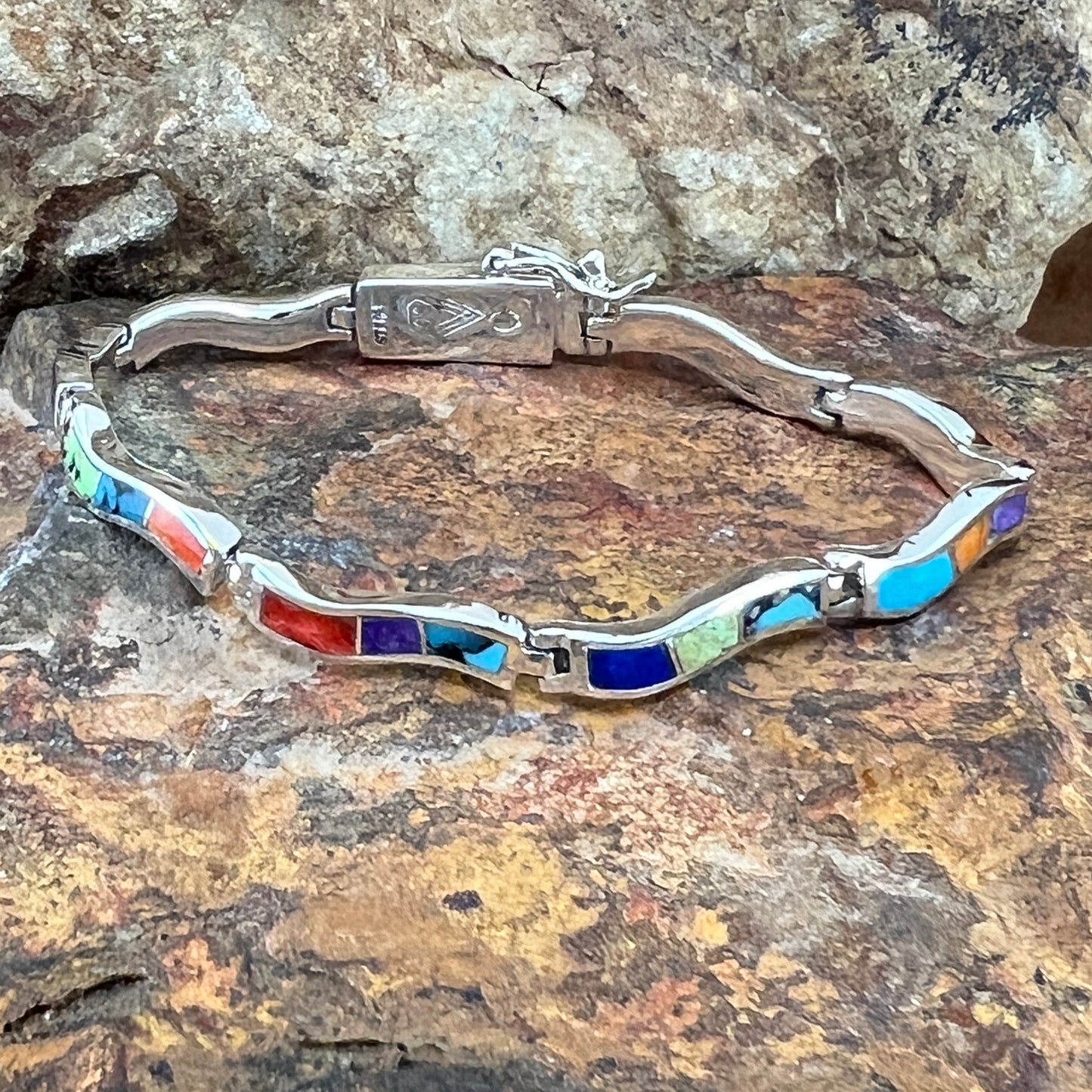 David Rosales Indian Summer Inlaid Sterling Silver Wavy Link Bracelet