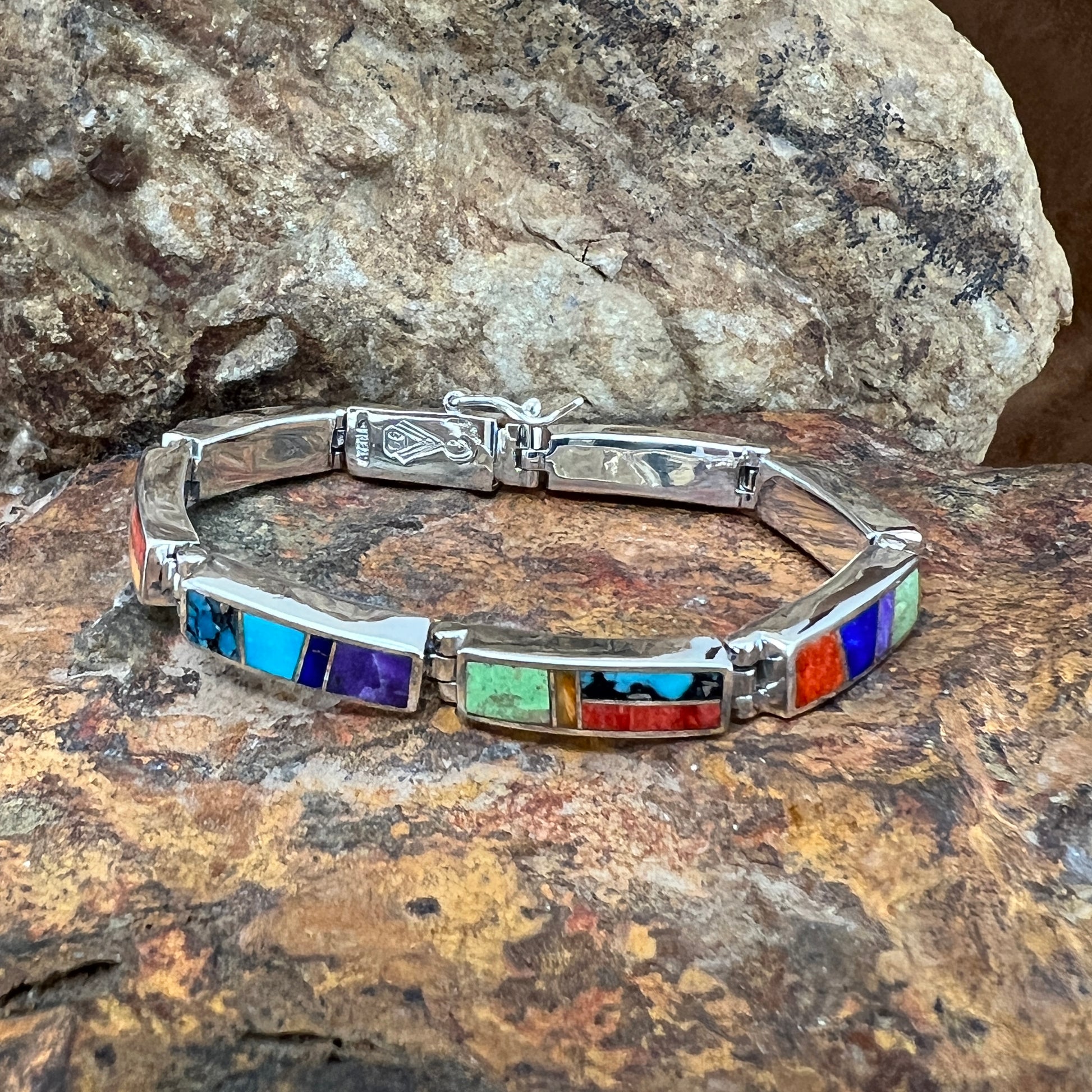 David Rosales Indian Summer Inlaid Sterling Silver Big Link Bracelet