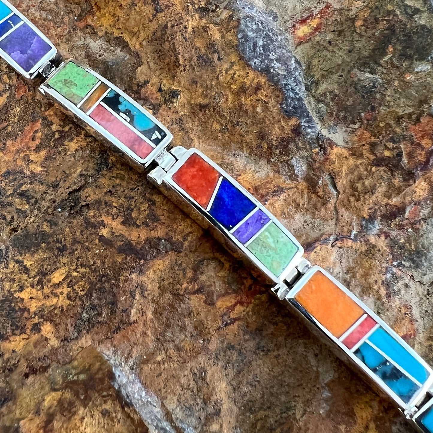 David Rosales Indian Summer Inlaid Sterling Silver Big Link Bracelet