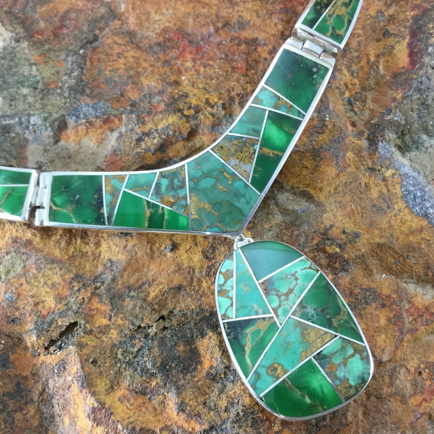 David Rosales Australian Variscite Inlaid Sterling Silver Necklace