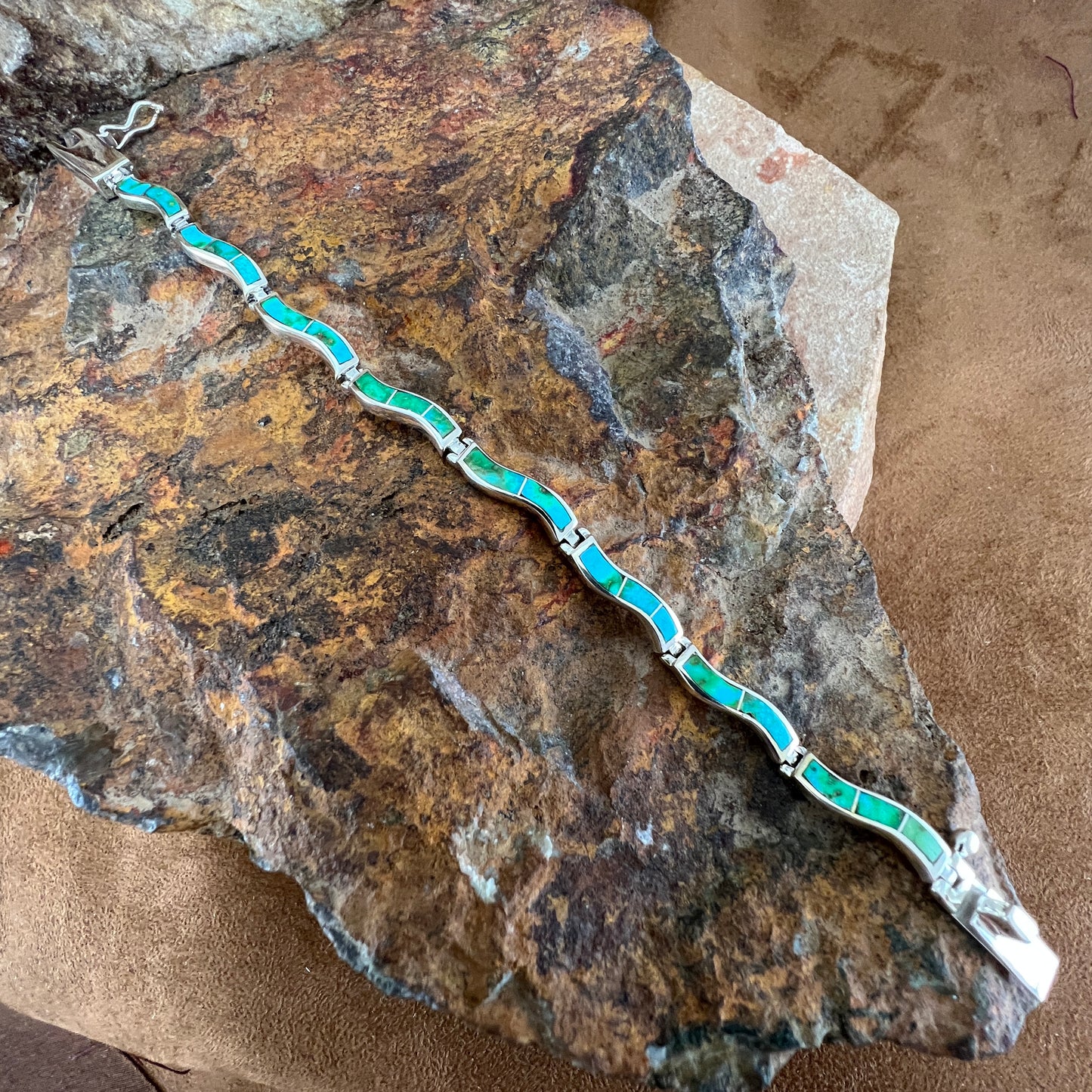 David Rosales Sonoran Gold Turquoise Inlaid Sterling Silver Wavy Link Bracelet