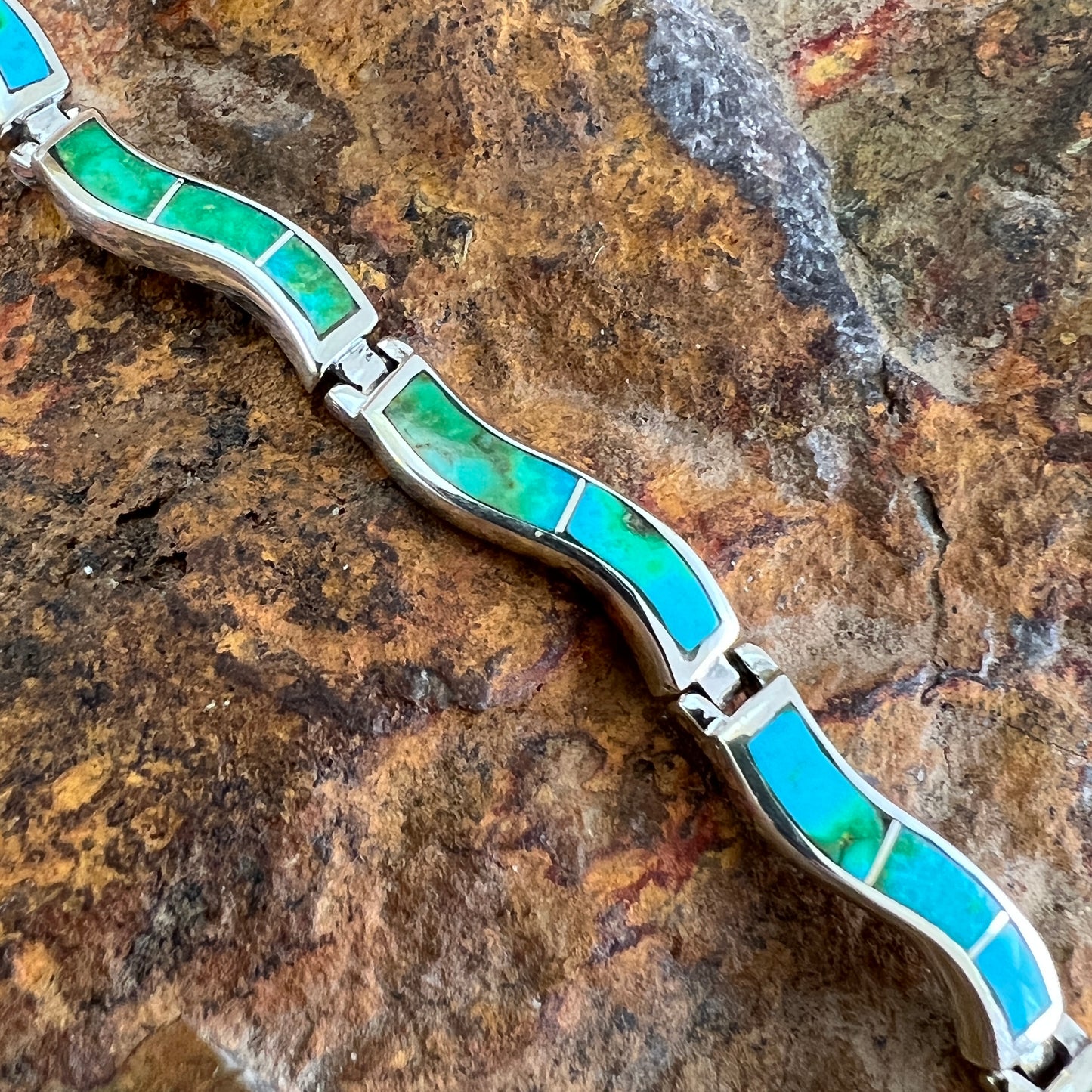 David Rosales Sonoran Gold Turquoise Inlaid Sterling Silver Wavy Link Bracelet