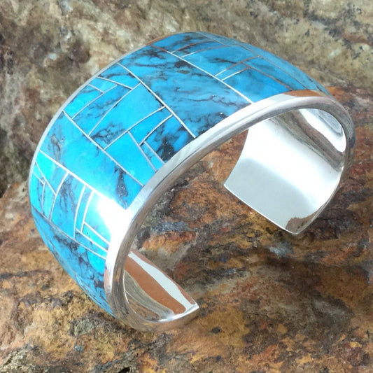 David Rosales Morenci Turquoise Inlaid Sterling Silver Bracelet