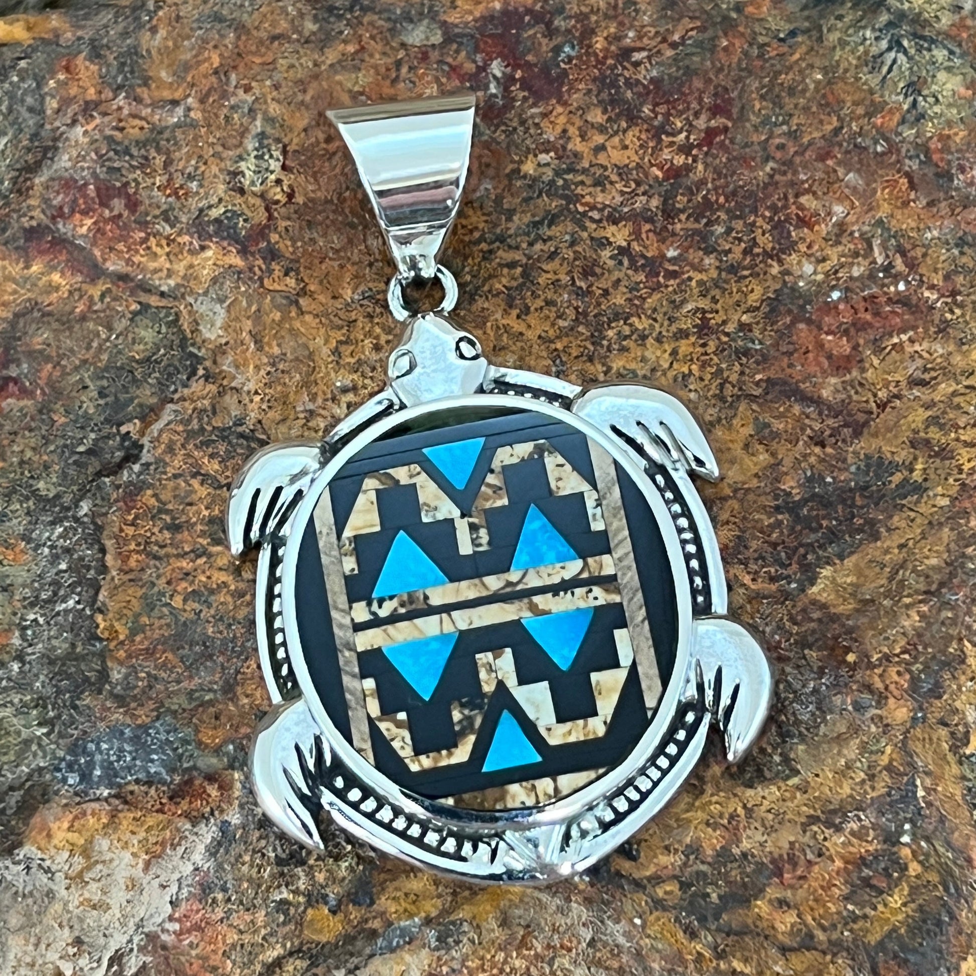 David Rosales Turquoise Creek Fancy Inlaid Sterling Silver Pendant Turtle