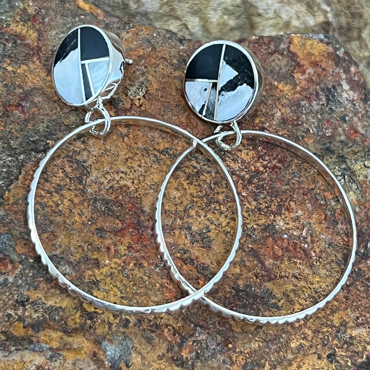 David Rosales White Buffalo Inlaid Sterling Silver Earrings Hoops