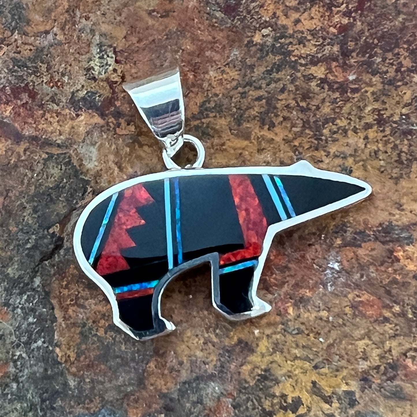 David Rosales Red Moon Fancy Inlaid Sterling Silver Pendant Bear