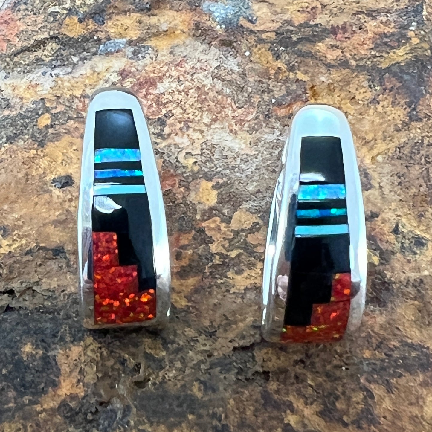 David Rosales Red Moon Fancy Inlaid Sterling Silver Earrings Huggies