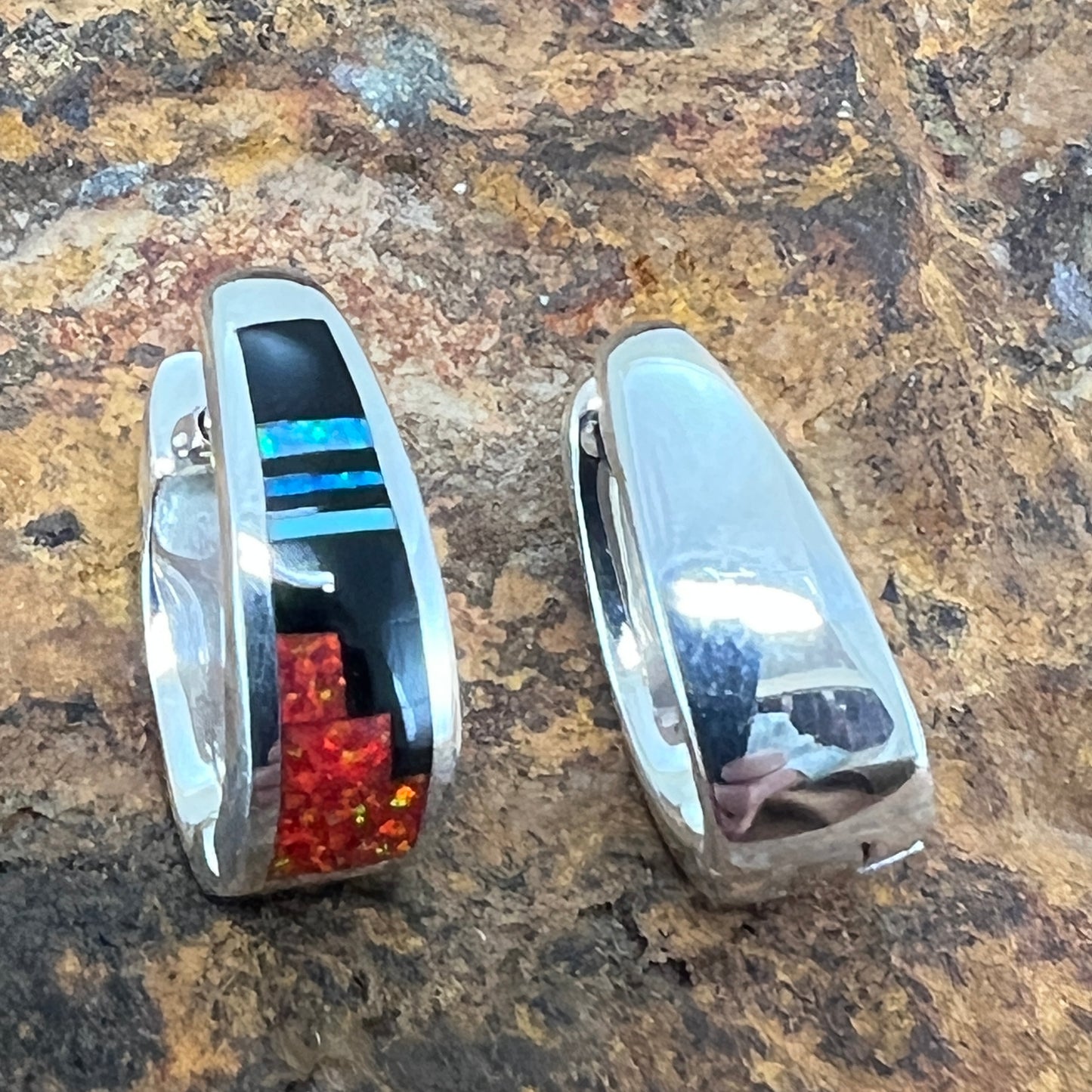 David Rosales Red Moon Fancy Inlaid Sterling Silver Earrings Huggies