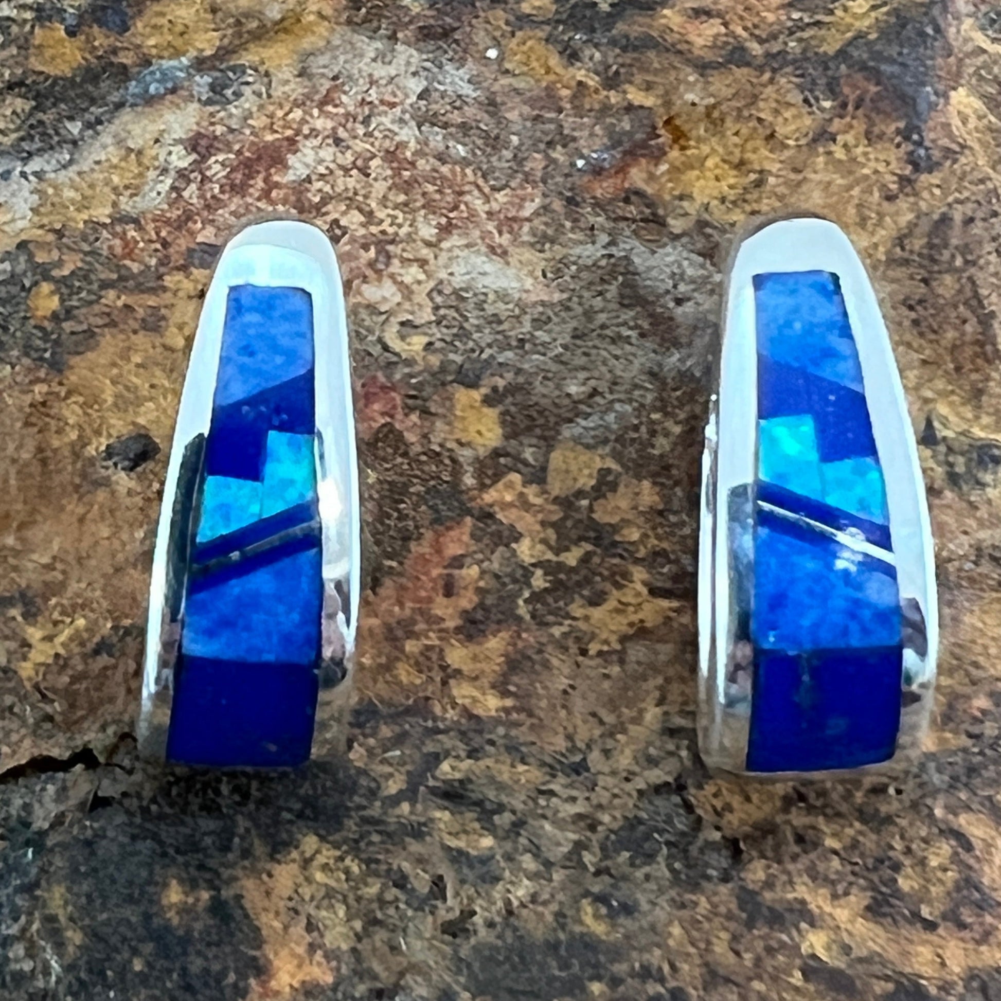 David Rosales Blue Sky Fancy Inlaid Sterling Silver Earrings Huggie