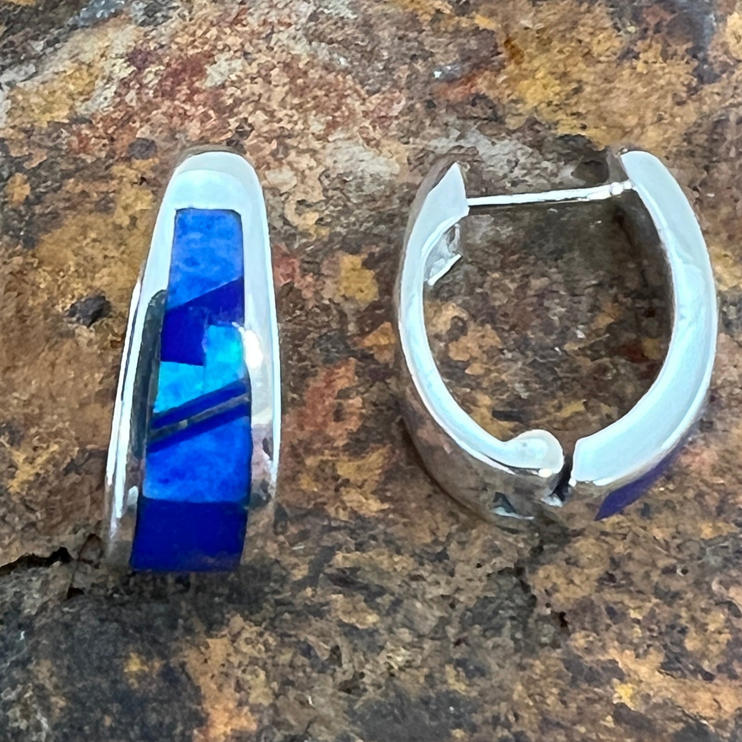 David Rosales Blue Sky Fancy Inlaid Sterling Silver Earrings Huggie