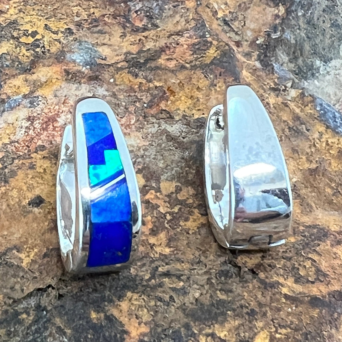 David Rosales Blue Sky Fancy Inlaid Sterling Silver Earrings Huggie