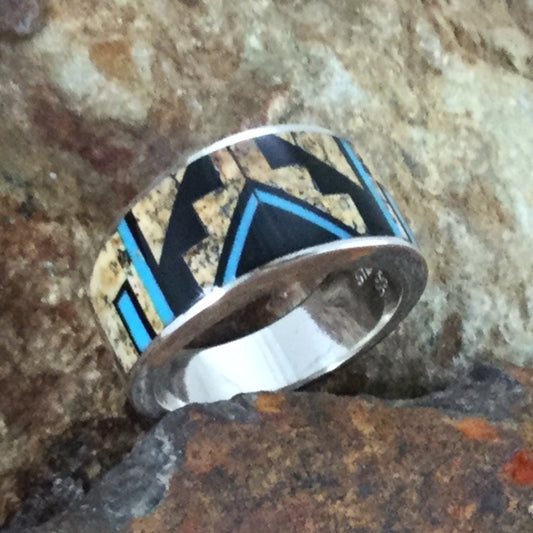 David Rosales Turquoise Creek Fancy Inlaid Sterling Silver Ring