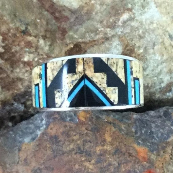 David Rosales Turquoise Creek Fancy Inlaid Sterling Silver Ring