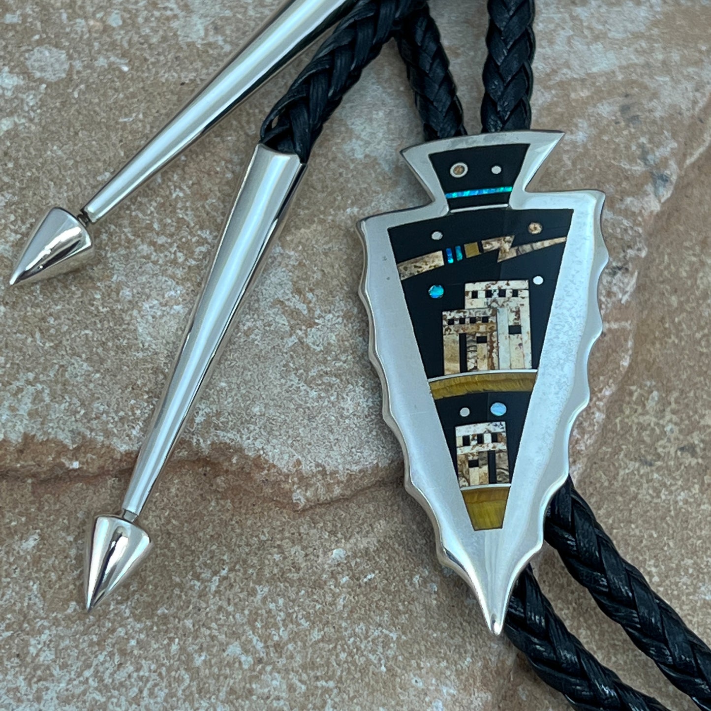 David Rosales Turquoise Creek Fancy Inlaid Sterling Silver Bolo Tie