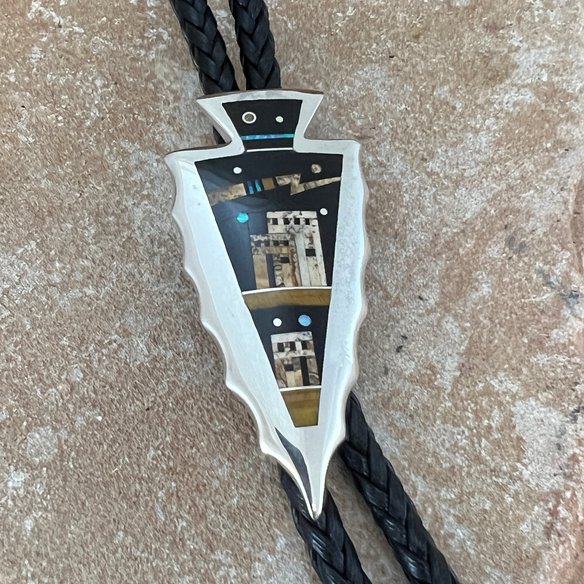 David Rosales Turquoise Creek Fancy Inlaid Sterling Silver Bolo Tie