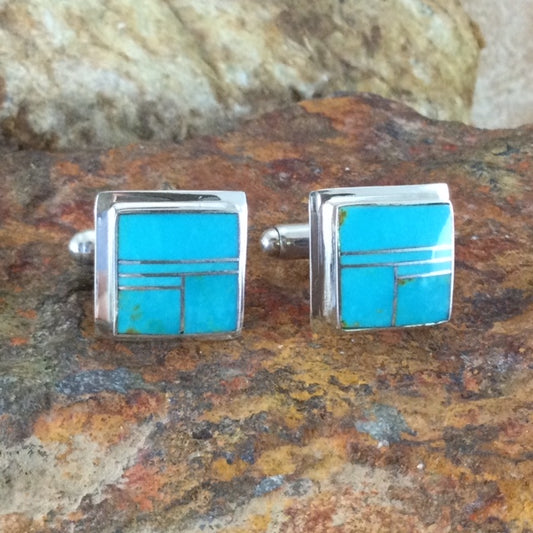 David Rosales Arizona Blue Inlaid Sterling Silver Cuff Links