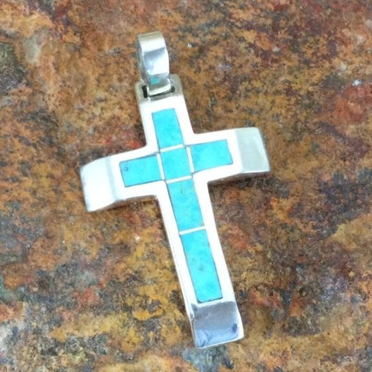 David Rosales Arizona Blue Inlaid Sterling Silver Pendant Cross