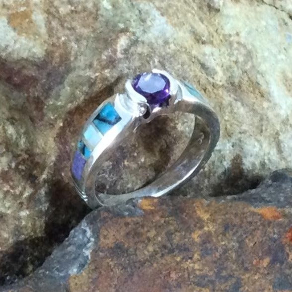 David Rosales Shalako Inlaid Sterling Silver Ring w/ Amethyst